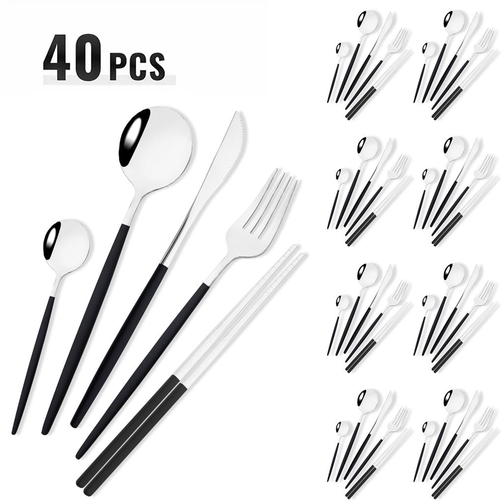 40pcs Black Gold Dinnerware Set Mirror Western Stainless Steel Cutlery Set Fork Knife Spoon Chopsticks Tableware Party Flatware