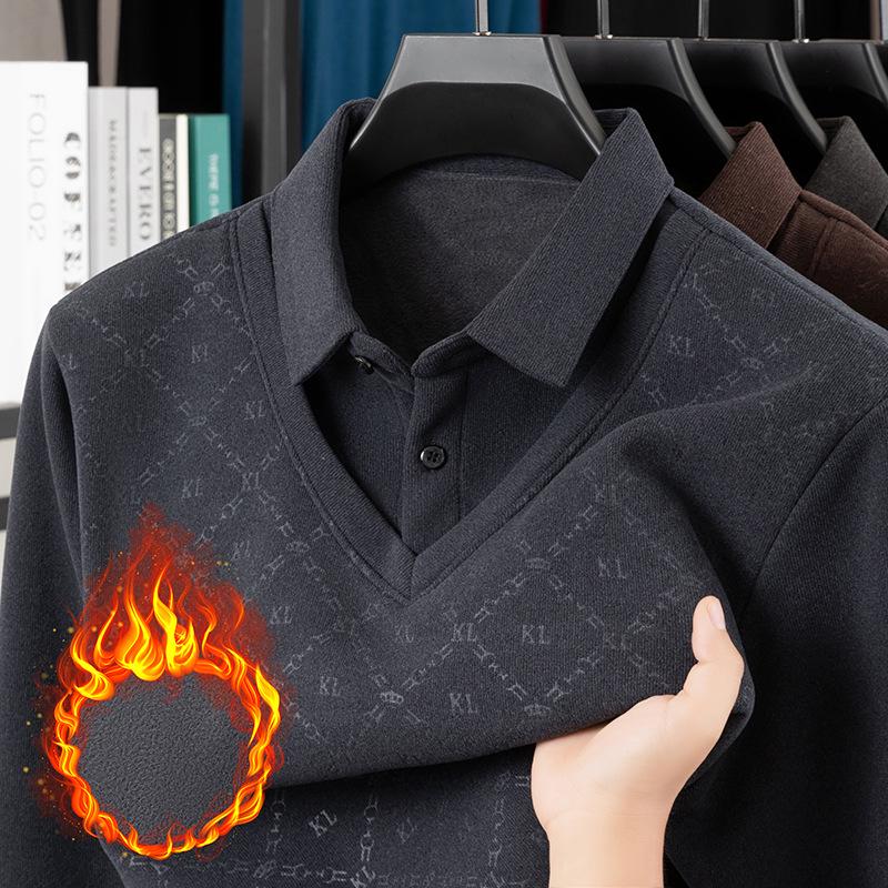 Fleece-Lined Two-Piece Lapel Polo Shirt: Men's Warm Autumn/Winter Casual Print Top