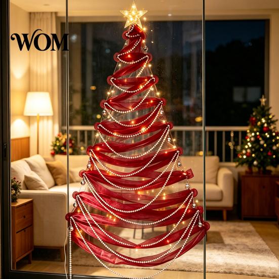 Lighted Christmas Wall Decoration DIY Tree Decor Kit, Hanging Fabric Ornament Set Holiday Backdrop for Window Wall, Handmade Craft with LED