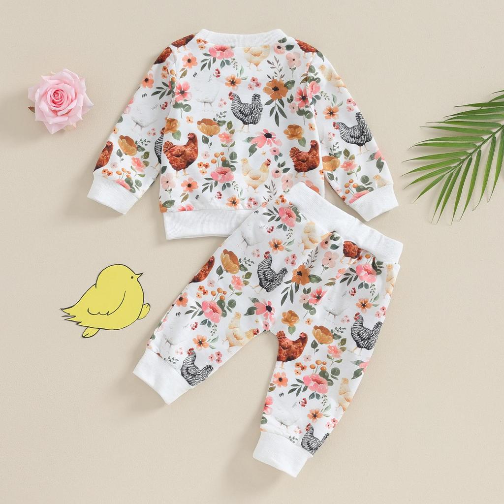 Toddler Baby Girl 2Pcs Fall Clothes Set 6M 12M 18M 24M 3Y Flower&Chick Print Long Sleeve Crewneck Tops Elastic Waist Pants Outfit