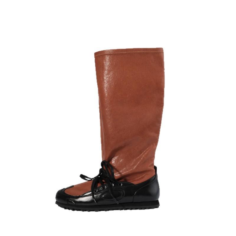 Cowhide Version~ Genuine Leather Retro Straps But Knee Boots Women's British Style Thick Heel Pleated Stack Wide Tube Knight Boots