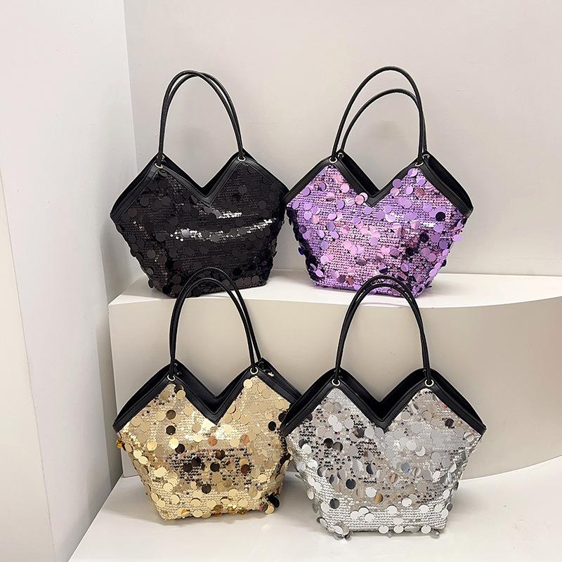 Trendy Sequin Pu Shoulder Bags for Women Large Capacity Ladies Bucket Tote Bag Versatile Portable Female Handbags with Zipper