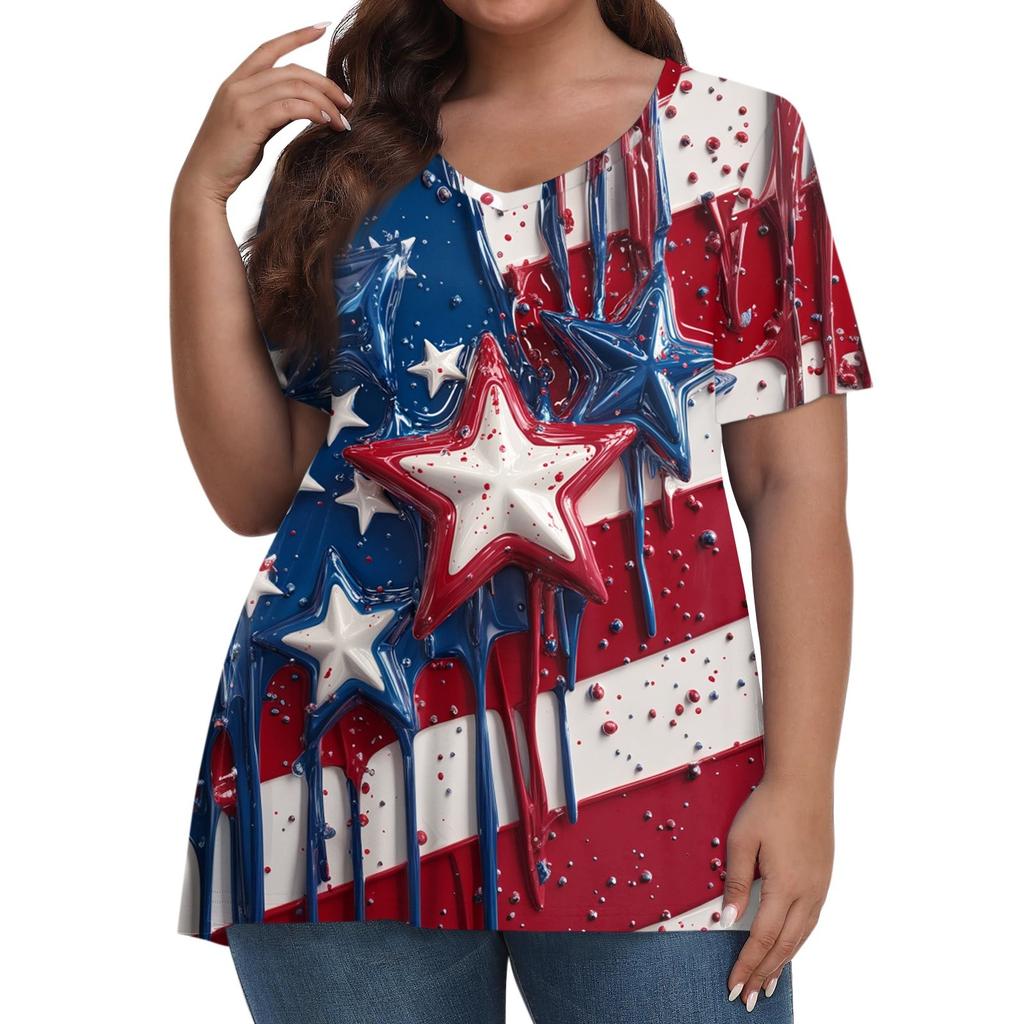 Damenmode Lässig V-Ausschnitt Pullover Kurzarm Übergröße Bedrucktes T-Shirt Top