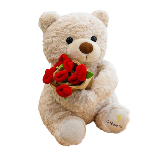 Rose Bear Plush Toy Cute Teddy Bear Holding Flower Bouquet Soft Stuffed Animal Gift for Valentine's Day