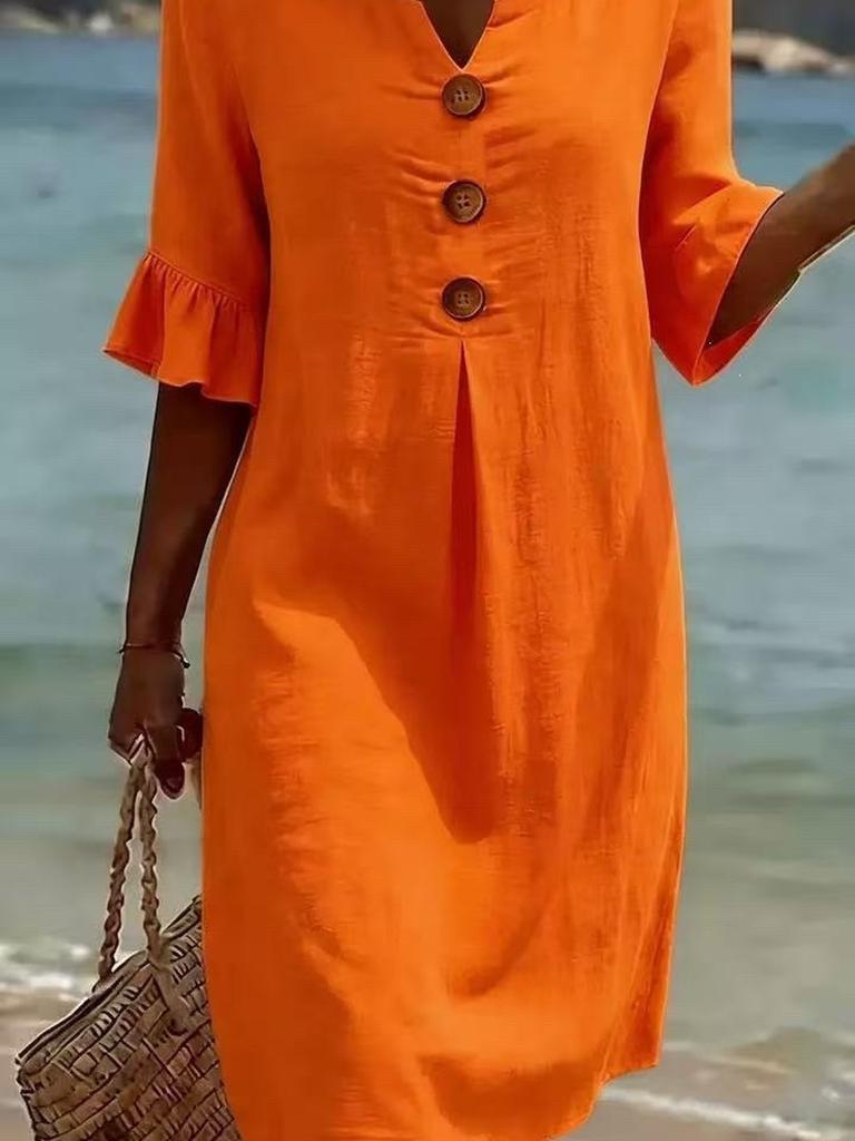 Summer New Cotton Linen V-Neck Buttoned Ruffled Sleeve Dress for Women