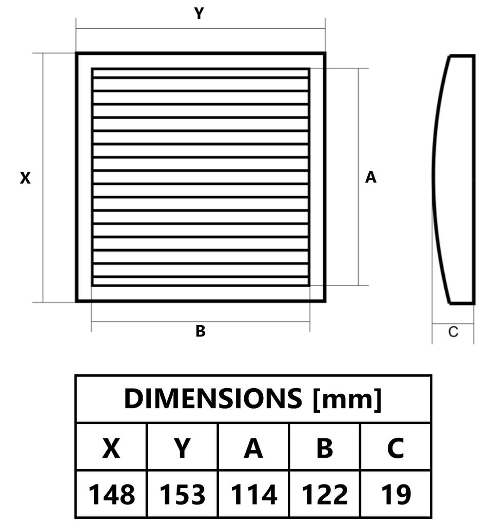 Black Ventilation Grille 150X150 Mm, With Insect Net And Shutter