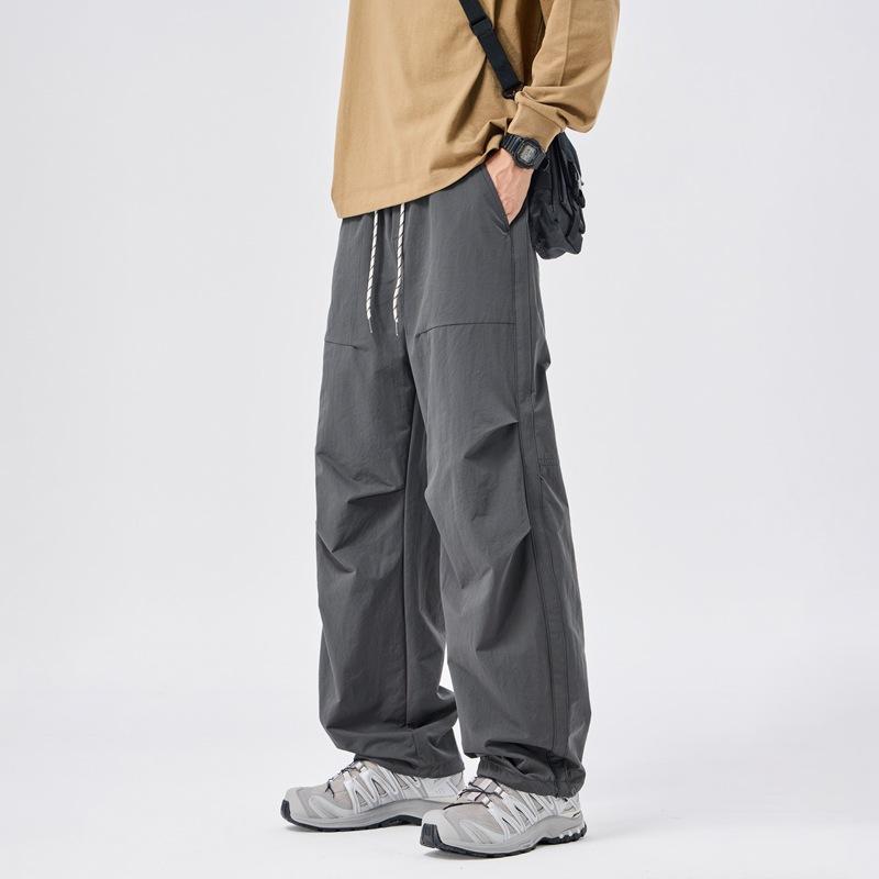 American fashion trendy brand elastic waist paratrooper pants boys solid color versatile loose wide leg drape casual straight-leg pants