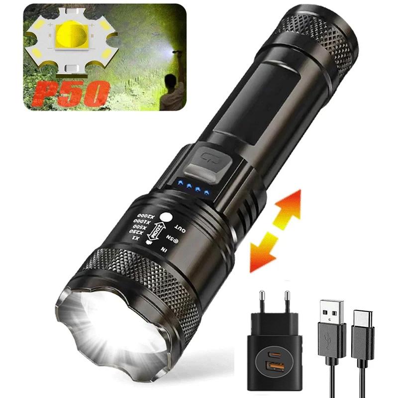 High Power Flashlight Strong Light Long Range LED Flash Light USB Rechargeable Telescopic Zoom Outdoor Camping Riding Lantern