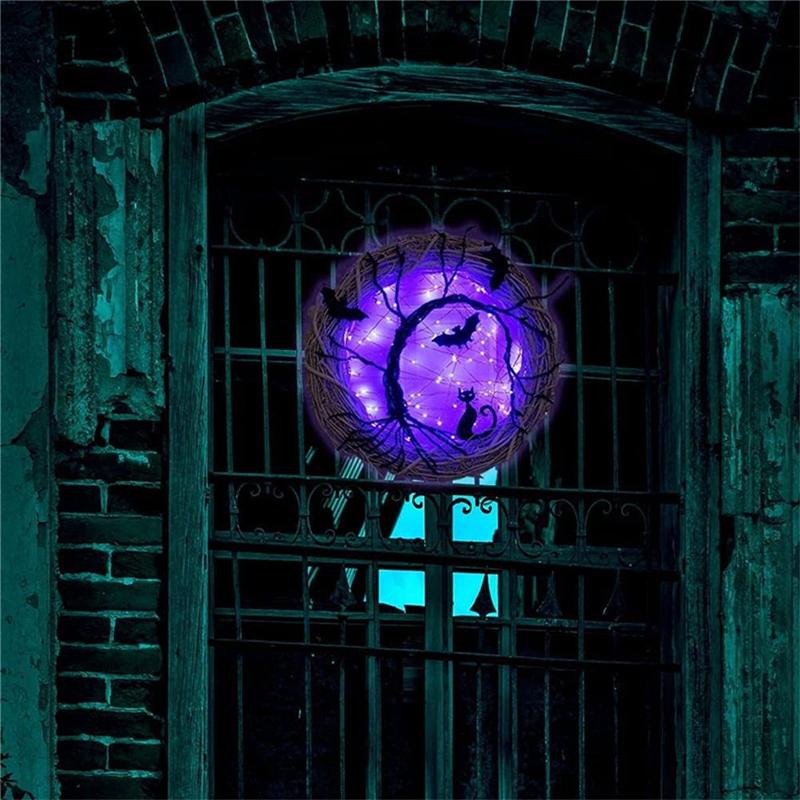 Versatile Halloween Wreaths For Front Door, 11.8Inch Lighted UP Bat And Cat Halloween Wreath With Purple LED Lights Durable