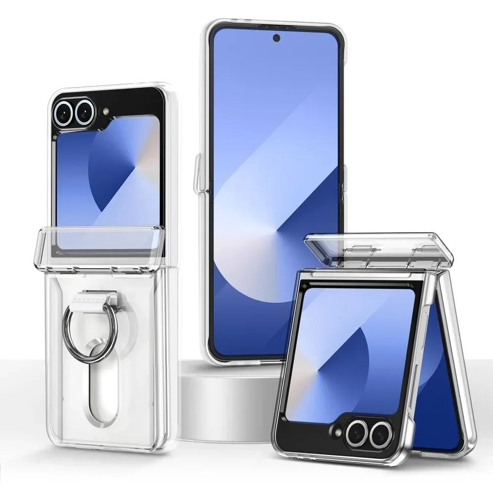 Card Holder Ring Hinge Protection Phone Case For Samsung Galaxy Z Flip 6 5 Flip6 Flip5 5G Hard PC Shockproof Protective Cover