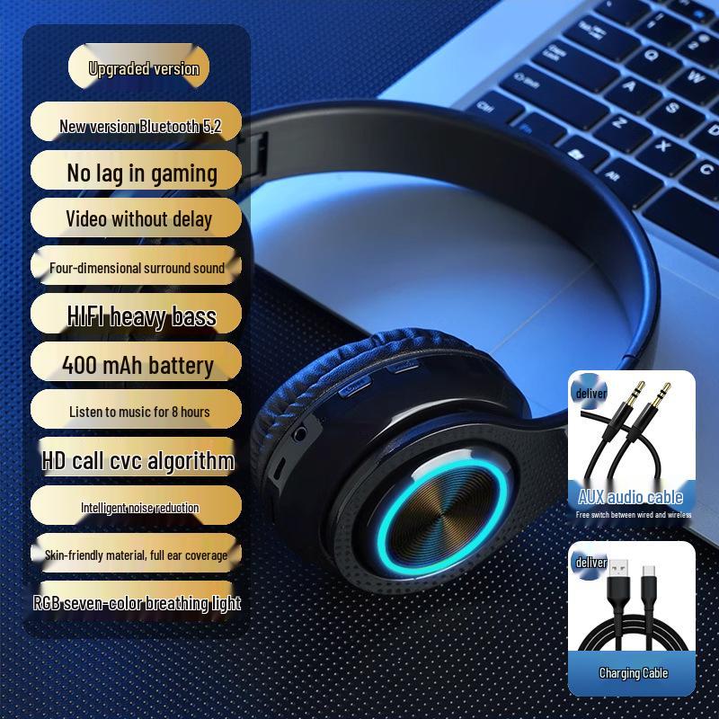 2025 Luminous Wireless Over-Ear Bluetooth Headphones with Heavy Bass and Large Earcups for Boys, Ideal for Running.