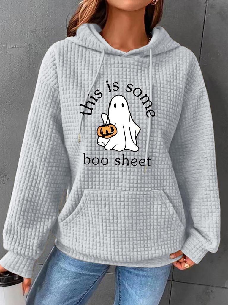 Women's Halloween Waffle Knit Hooded Sweatshirt with Kangaroo Pocket - European Size