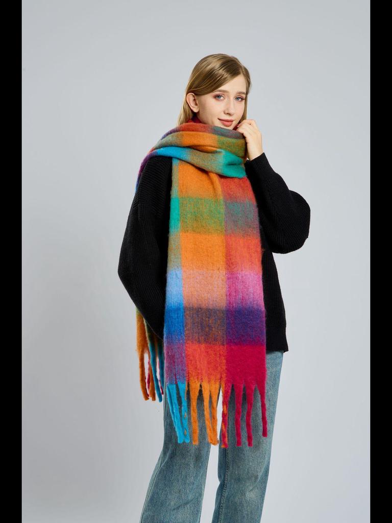 Women's High-Grade Colorful Plaid Mohair Scarf - Thick, Warm, and Versatile for Winter