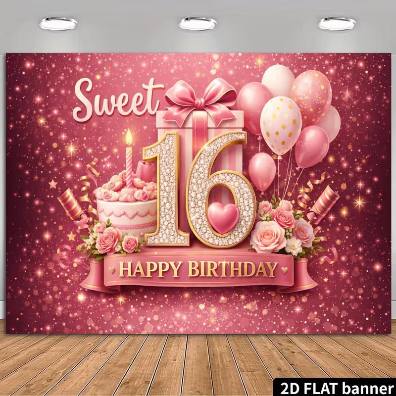 2D Sweet 16 Birthday Backdrop Pink Glitter Photography Background 47.2x31.5inch/120*80cm