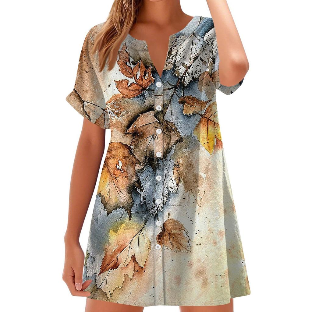 Women Fashion Casual V-neck Short Sleeve Button Retro Floral Print Dress