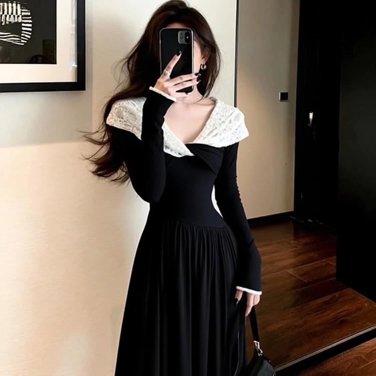 Elegant French Colorblock One-Shoulder Black Dress - Women s Slimming Autumn/Winter Long Dress, Age-Reducing Off-Shoulder Style S