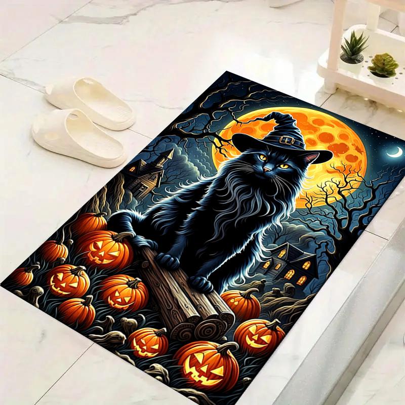 1Pc Halloween Cat Pumpkins Rug, Office Carpet Indoor Outdoor Doormat, Non-Slip Soft, Living Room, Christmas Halloween Gift. Em92810