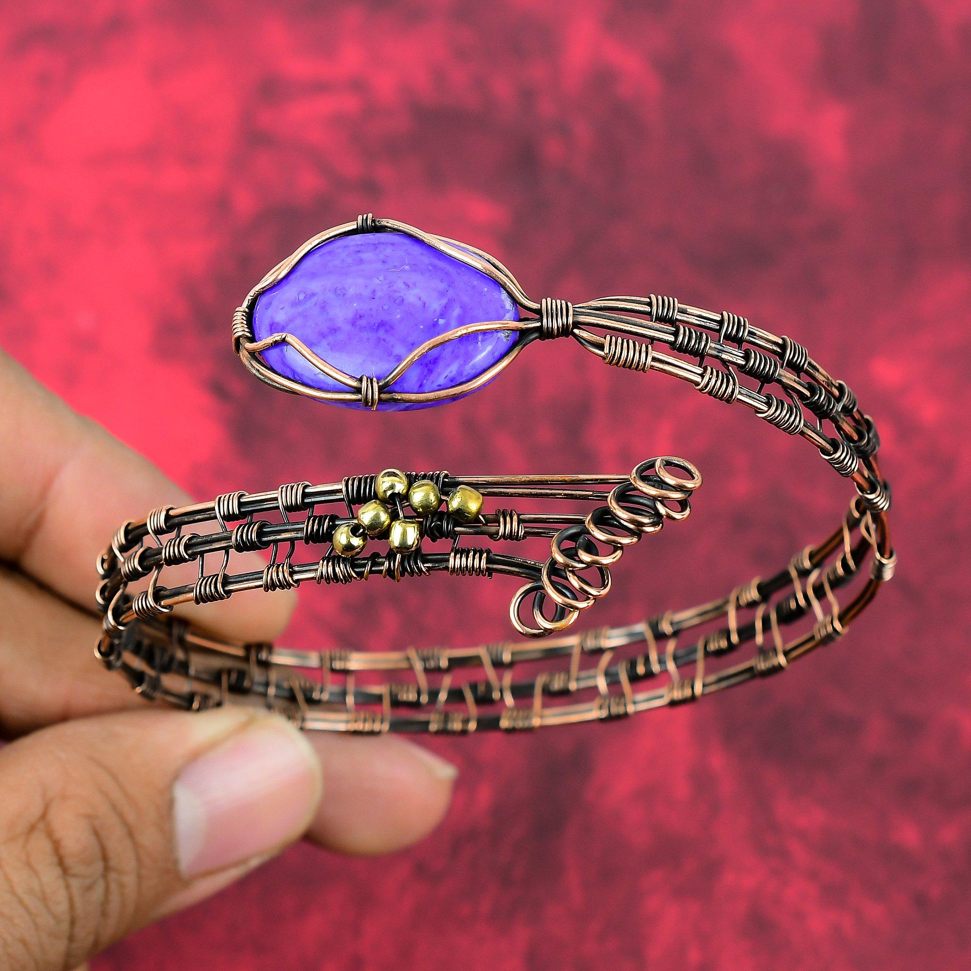 Браслет-манжета из чароита Браслет-манжета с драгоценным камнем Браслет, обмотанный медной проволокой Медные украшения Регулируемый браслет-манжета Ручная работа Подарки на годовщину Adjustable