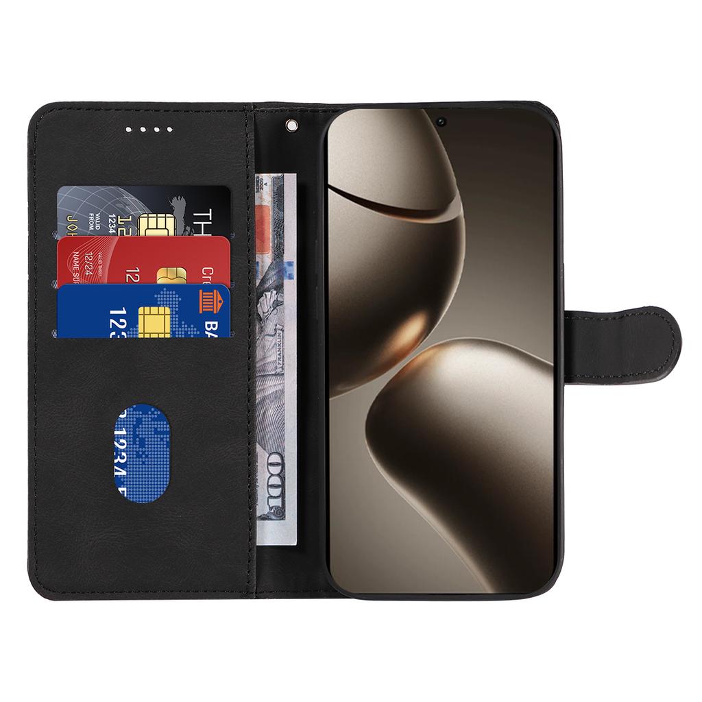 For Xiaomi 15T Pro Wallet Case Leather Phone Cover Stand with Curved Line Design - Black