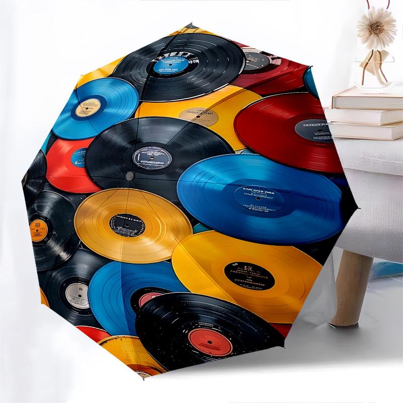 Vinyl Records, Music Collection Themed Automatic Opening and Closing Umbrella, Brightly Colored 8-rib Portable Umbrella, Suitable for Men an