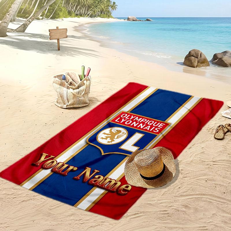 Lyon FC Personalized Printed Beach Towel Soccer Logo Support Custom Name Text Absorbent Towel For Sport Travel Special Gift