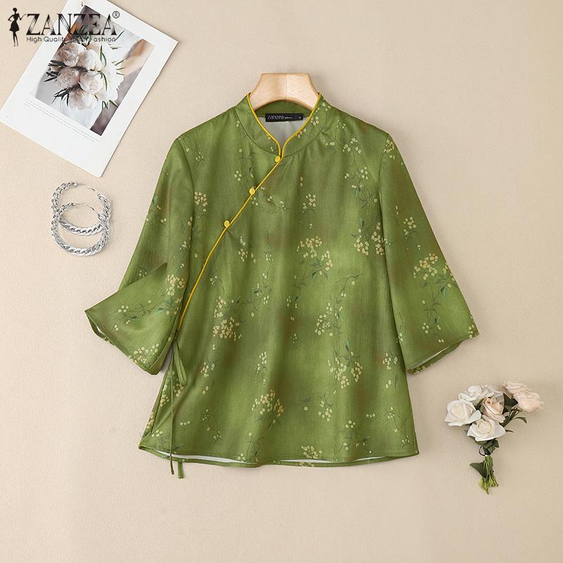 ZANZEA Vintage Women Half Sleeve Side Buttons Floral Print Ethnic Casual Blouse