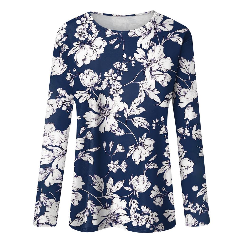 Women's Fashion Casual Floral Printed Round Neck Long Sleeve Pullover Top