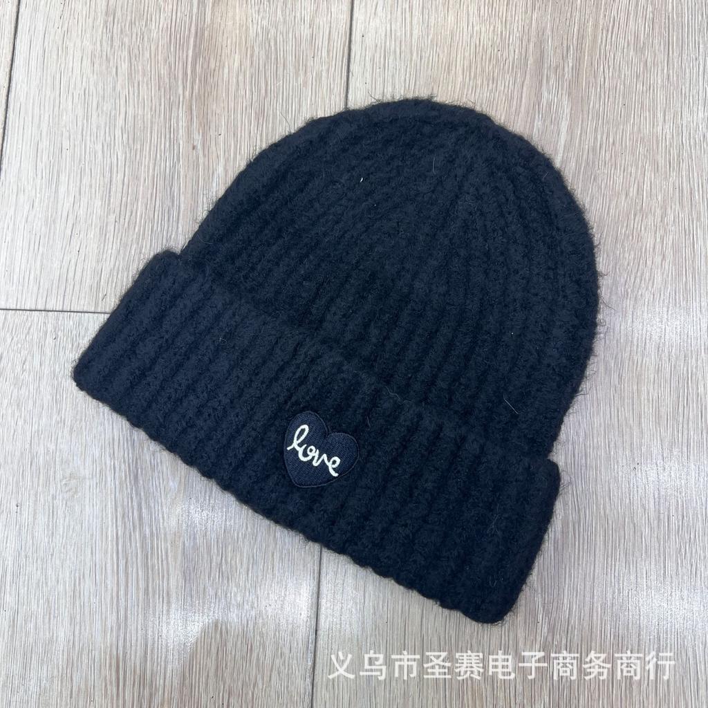 Red white warm knitted hat women's autumn and winter love embroidery casual versatile ear protection face small wool hat