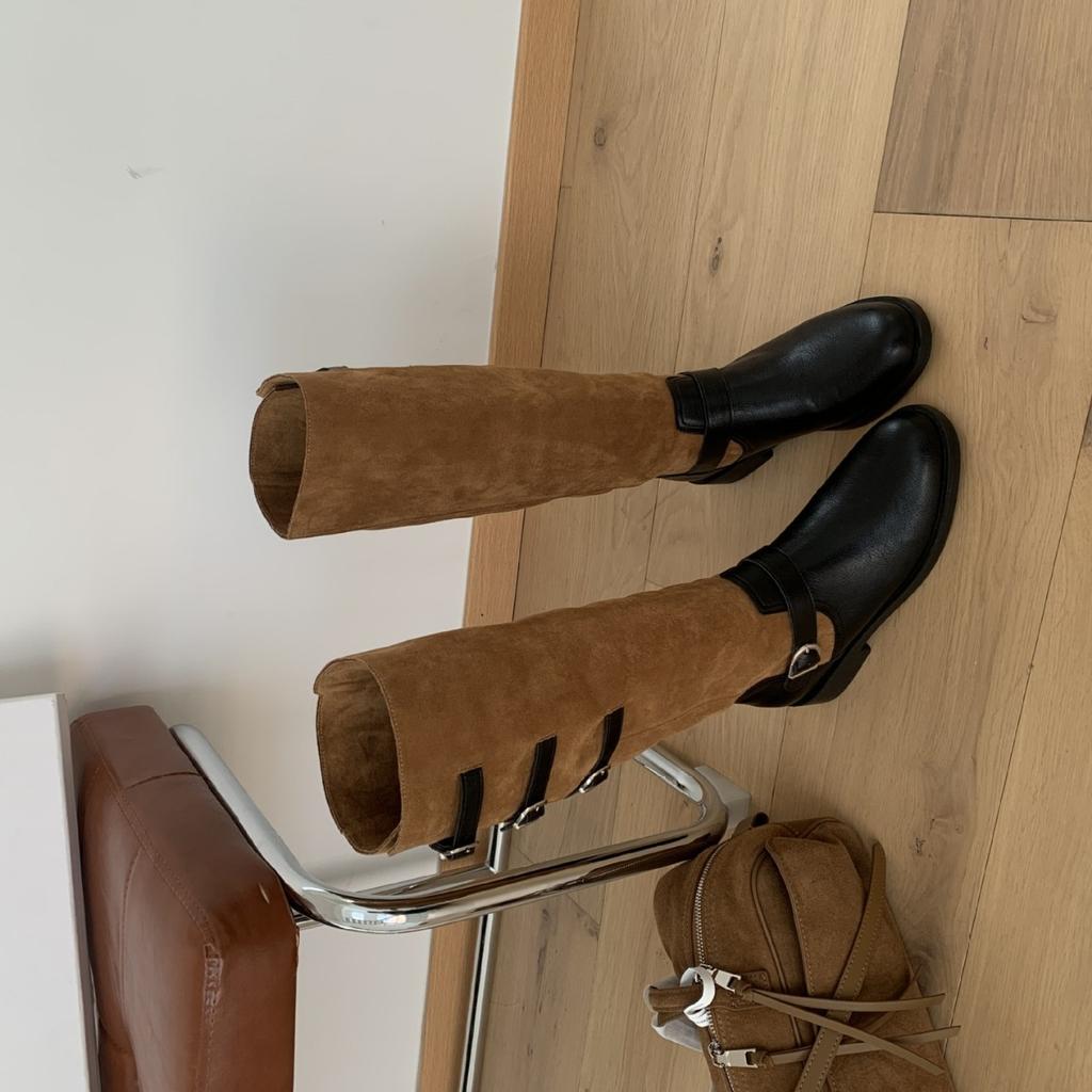 2025 autumn and winter new round head color matching belt buckle thick heel but knee knight women's boots