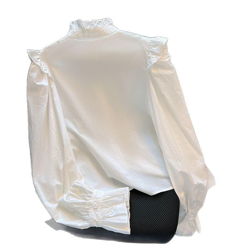 French Fungus Edge Shirt for Women Vintage Short Style Stand Up Collar White Shirt