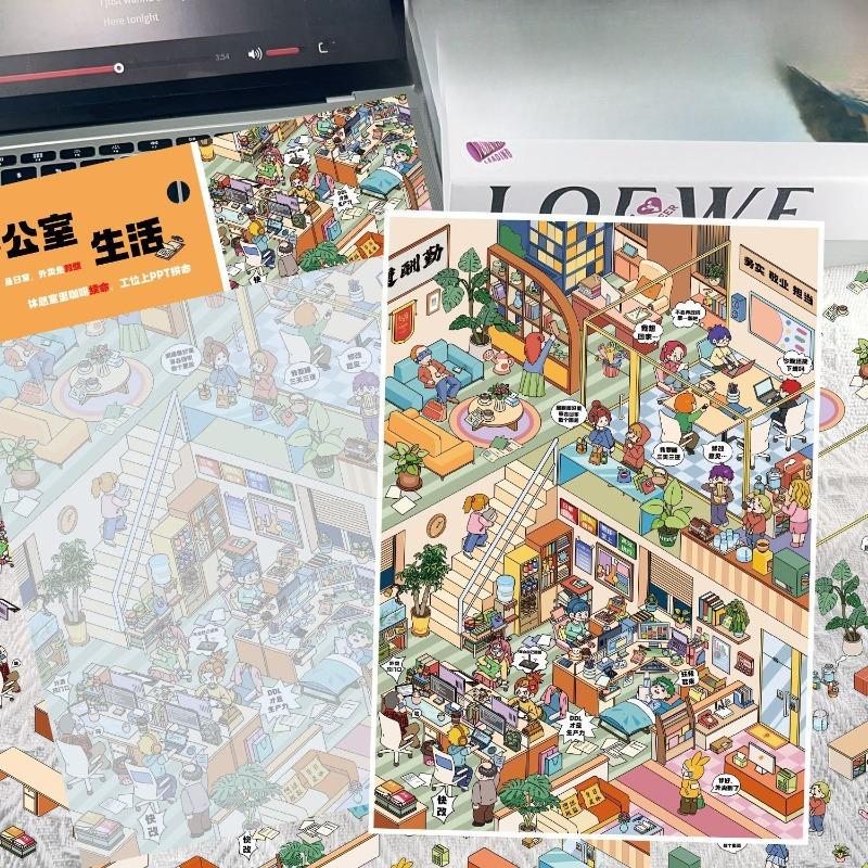 Original Cartoon Office Life Themed Compact Miniature Landscape Sticker for Easy Storage - Stress-relieving PET Transparent Film Sticker