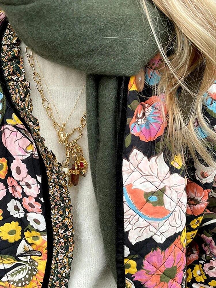 Herbst Gedruckt Mantel Frauen Langarm Baumwolle Elegante Jacke Lose Winter Casual Dame Streetwear Dicke Bunte Parkas