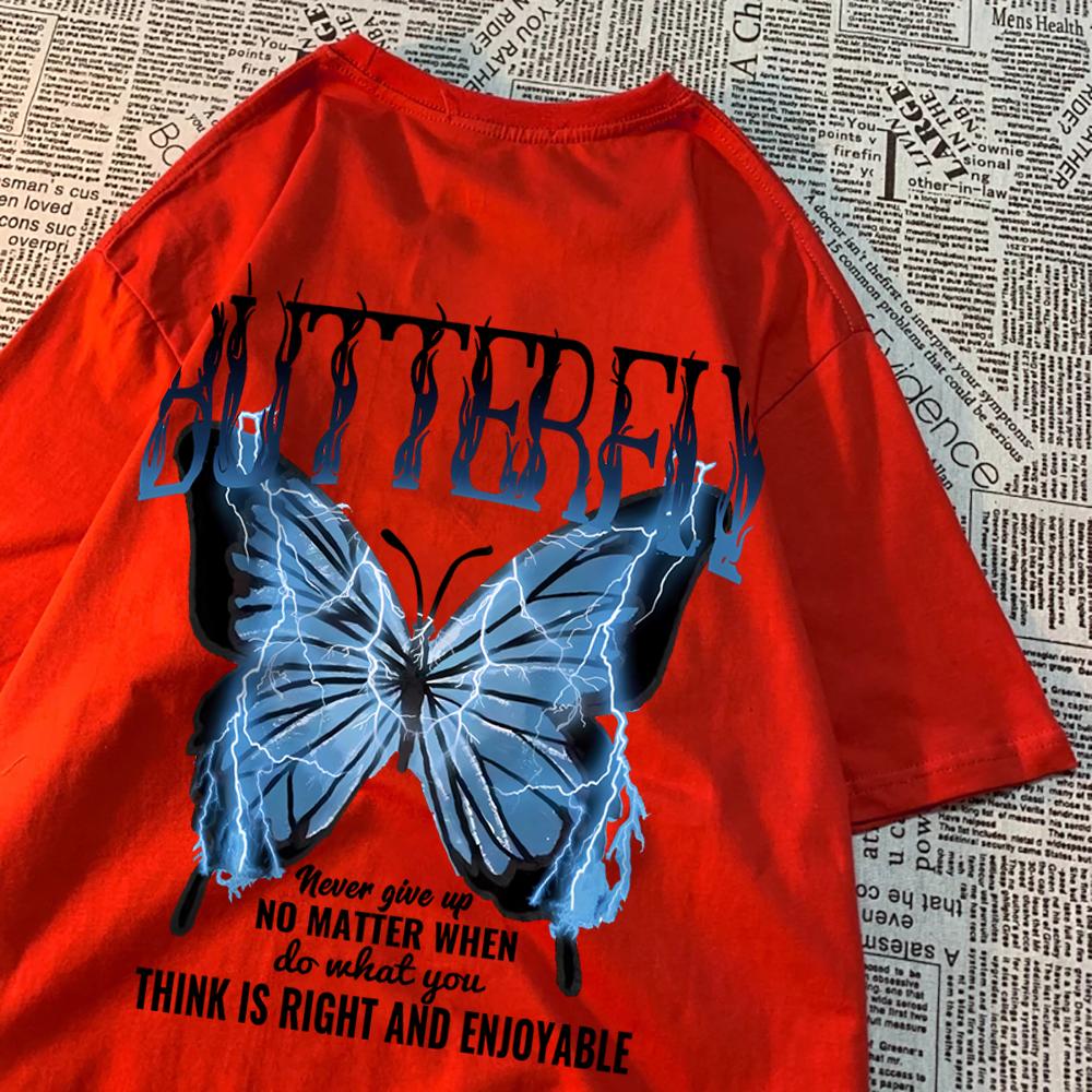

Blue Lightning Butterfly Creative Word T-Shirt Men Casual Oversized T-Shirt Casual Loose Tee Clothes Pattern Quality Tops L
