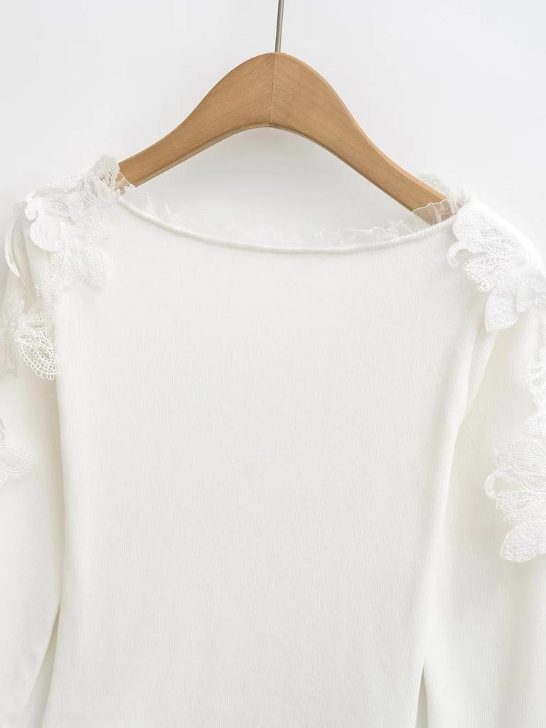 Pure Desire U-neck Lace Patchwork Fleece Long-Sleeve T-shirt for Women - Autumn/Winter Slim Fit Short Base Layer
