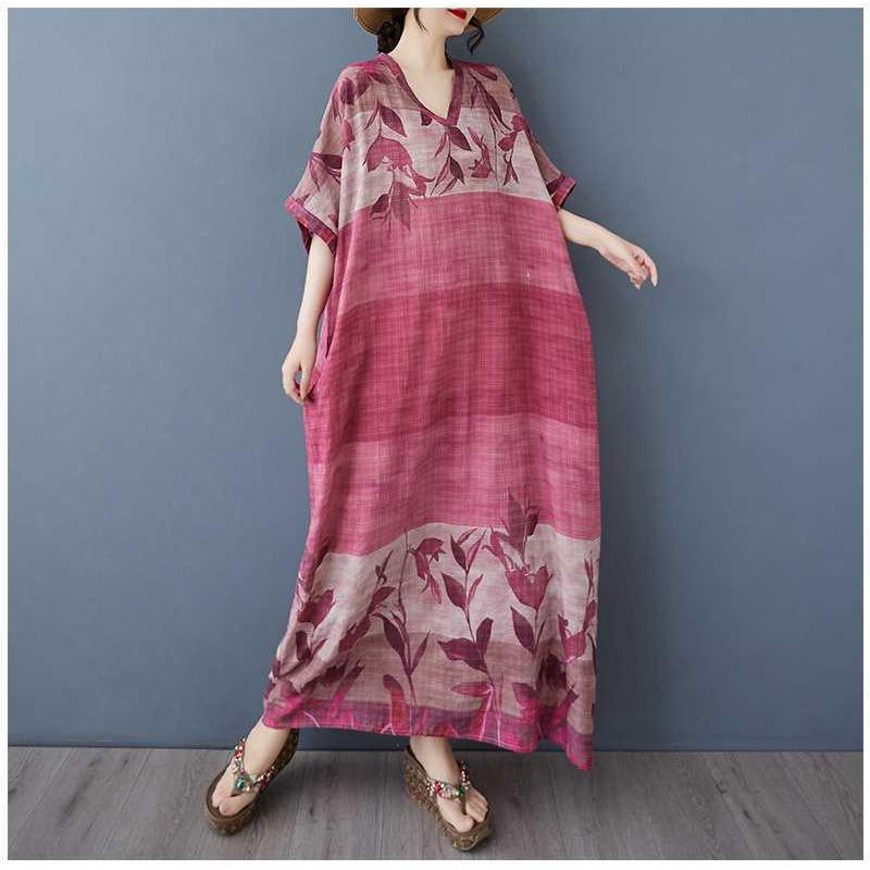 Women's V-neck Retro Long Skirt Cotton Linen Dress