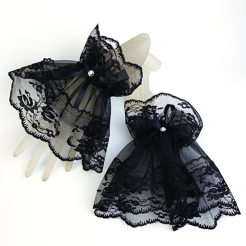 

Women Short Arm Sleeves Lace Wrist Cuffs Bracelets Solid Black White Gloves Gothic Fingerless Gloves Bowknot Fashion Glove1