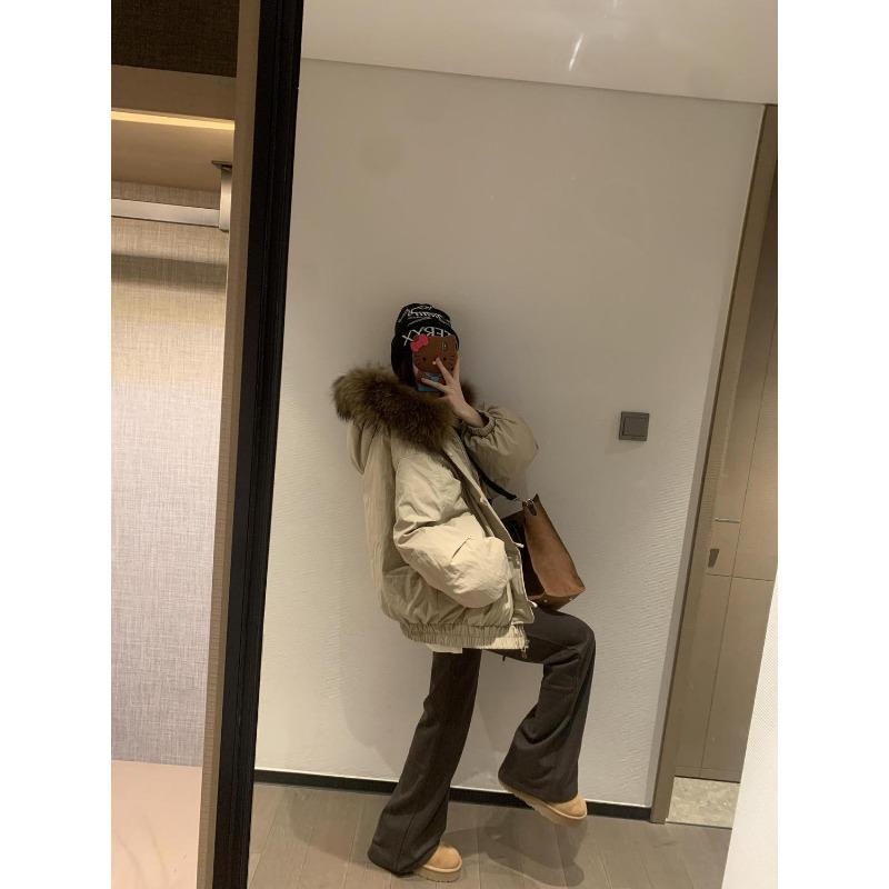 Winter Warm Hooded Coat Retro American Style Thickened Down Jacket with Fur Collar