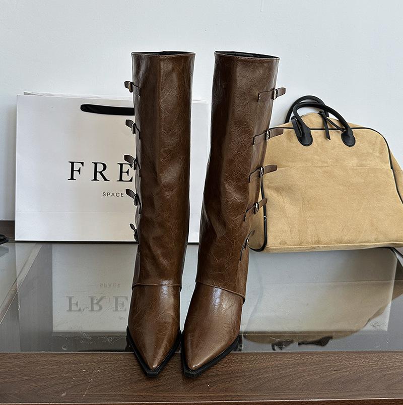 Wasteland Wind Autumn and Winter New Boots Women's But Knee Pointed Belt Buckle Slope Heel Western Cowboy Boots High Trousers Boots