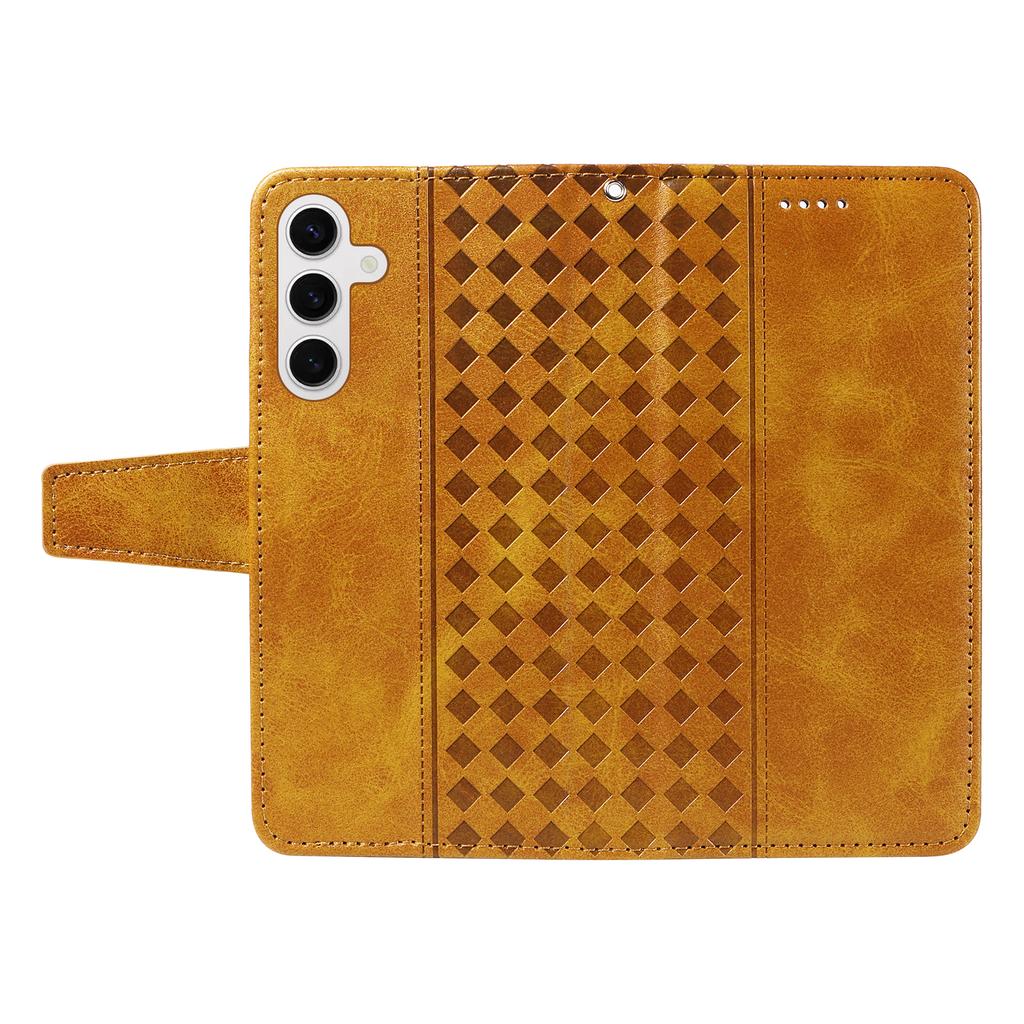 For Samsung Galaxy S24/Galaxy S25 Leather Case Wallet Stand Grids Imprinted Phone Cover with Strap