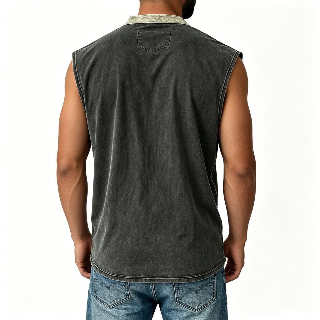 Men Sleeveless Casual Vest Three Button Henley Neck Pocket Front Cotton Linen Blend Summer Top