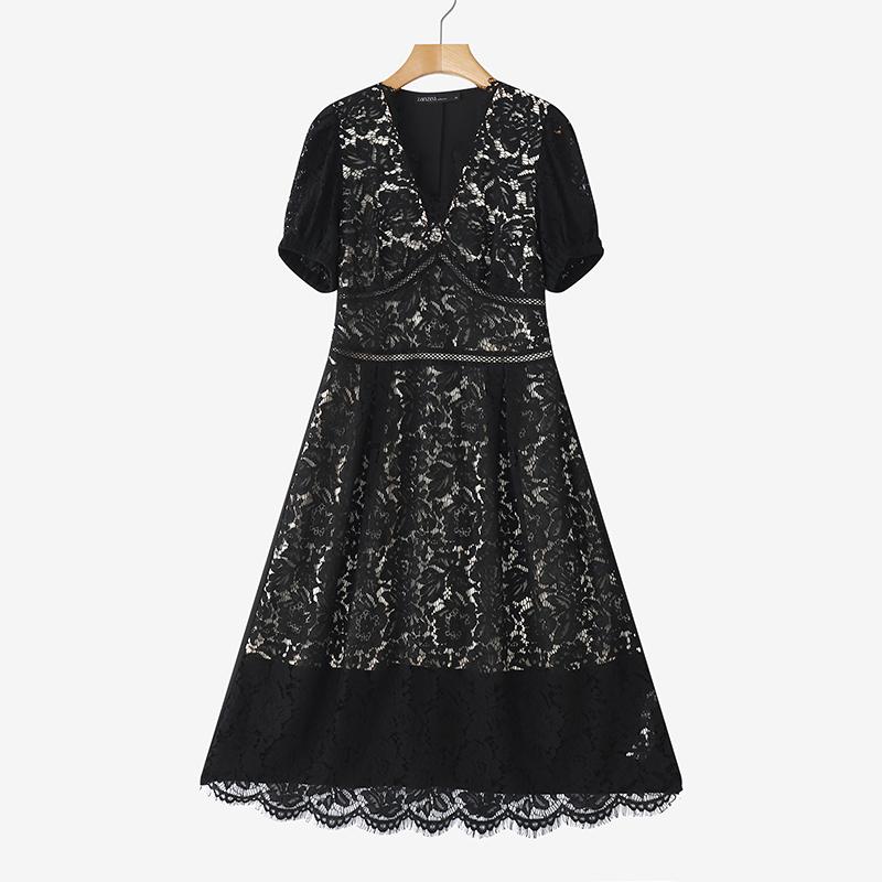 ZANZEA Women Summer V-Neck Casual Short Sleeve Patchwork Lace Dress