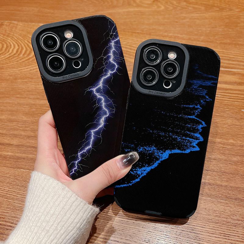 Vertical Grain Leather Shell Flashlight Blue Sea Printed Patterned Shockproof Soft Silicone Case with Camera Lens Full Protection for iPhone
