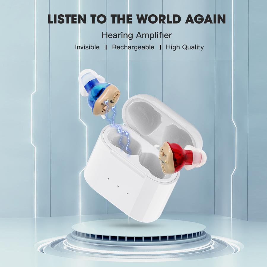 

Deaf-Aid Комфортний носій Перезаряджуваний слуховий апарат CIC Невидимий із зарядною базою для глухих людей похилого віку Міні-підсилювач звуку для людей із глухотою синій/червоний