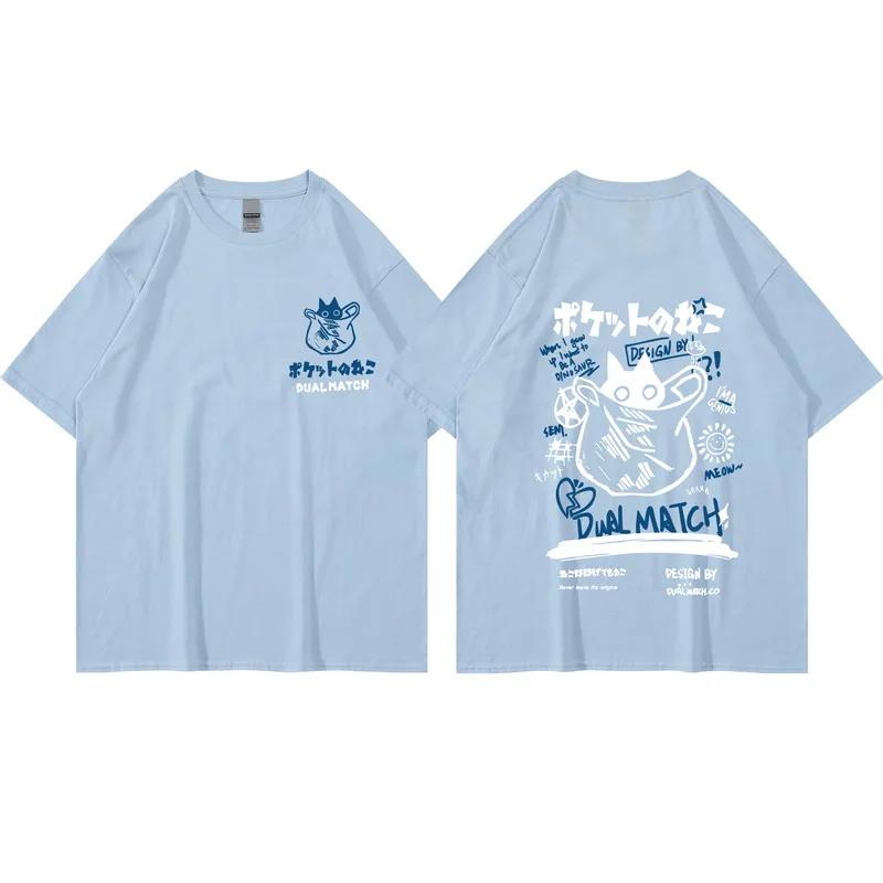 2022 Hip Hop T-Shirt Streetwear Japanese Kanji Funny Cat Print T Shirt Harajuku Cotton Casual Short Sleeve Tshirt Tops