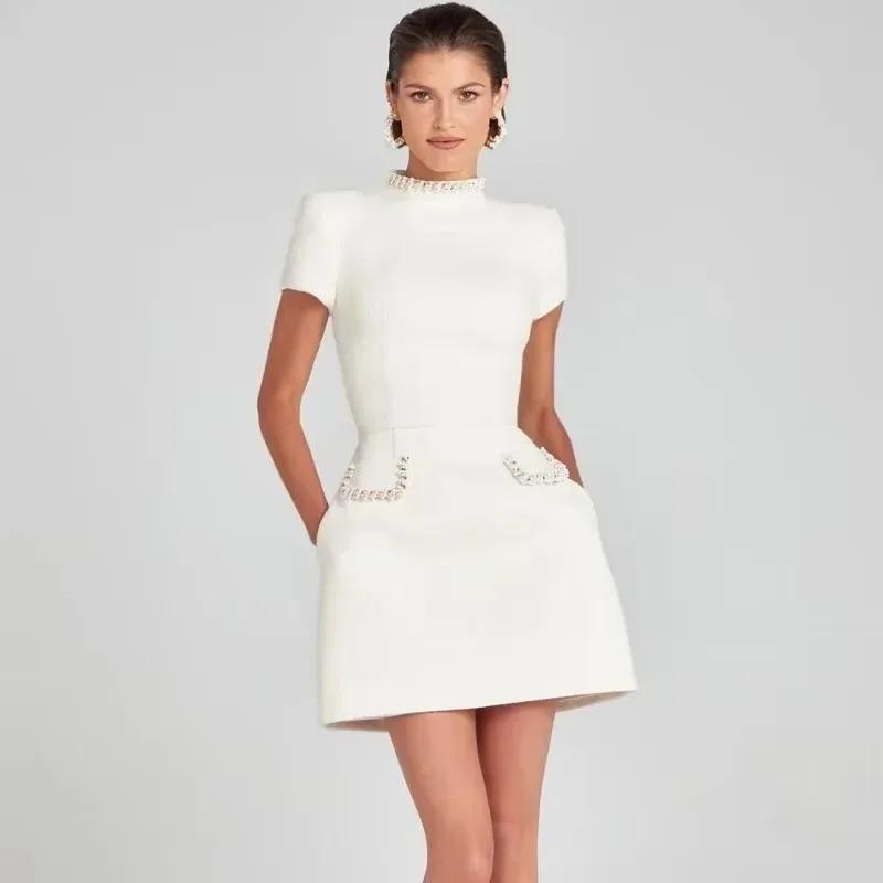 

Женское элегантное твидовое платье А-силуэта, облегающее платье Y2k с короткими рукавами, ретро-платье с круглым вырезом в стиле пэчворк, роскошное вечернее платье M белый