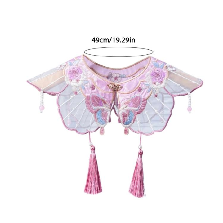Girls Vintage Embroidery Butterfly Pearl Tassels Decorative False Collar Shawl