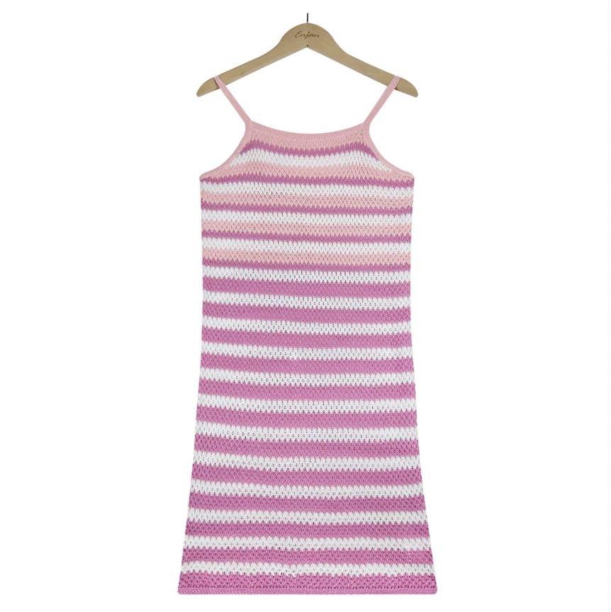 Summer Sexy Backless Knitted Halter Dress Striped Color Blocking Beach Dress Female