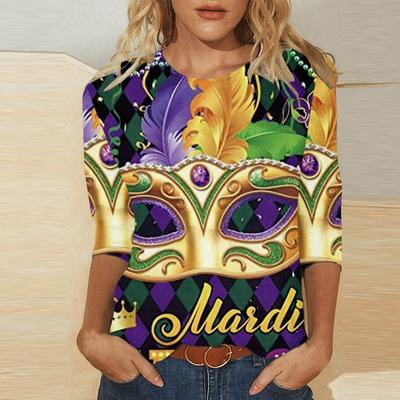 Round Neck 3D Carnival Mask Printed Top Fashionable Casual Long Sleeved Women's T-shirts