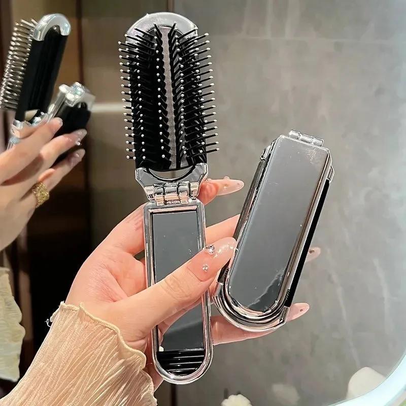 Mini Hair Brush Folding Massage Comb Head Massage Anti-Static Portable Travel Hair Brush Girl Hair Combs With Mirror