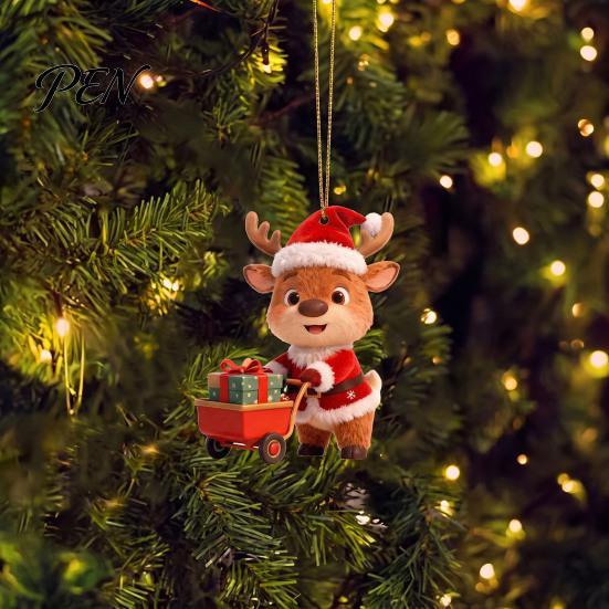Christmas Tree Hanging Decorations Elk Ornaments, 2D Flat Wooden Cute Reindeer Decoration, Cartoon Holiday Ornaments for Home Deer Pendants